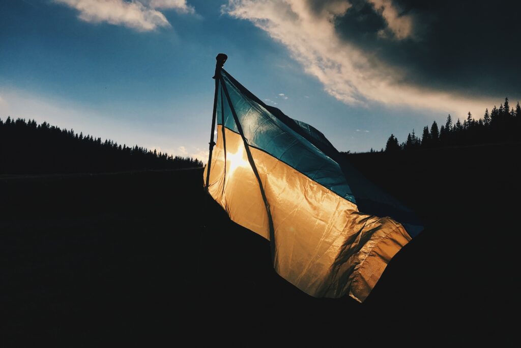 Flag of Ukraine in sunset