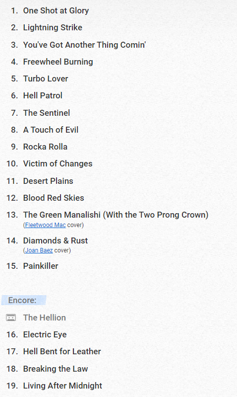 Judas Priest setlist from Dalhalla 2022-06-11